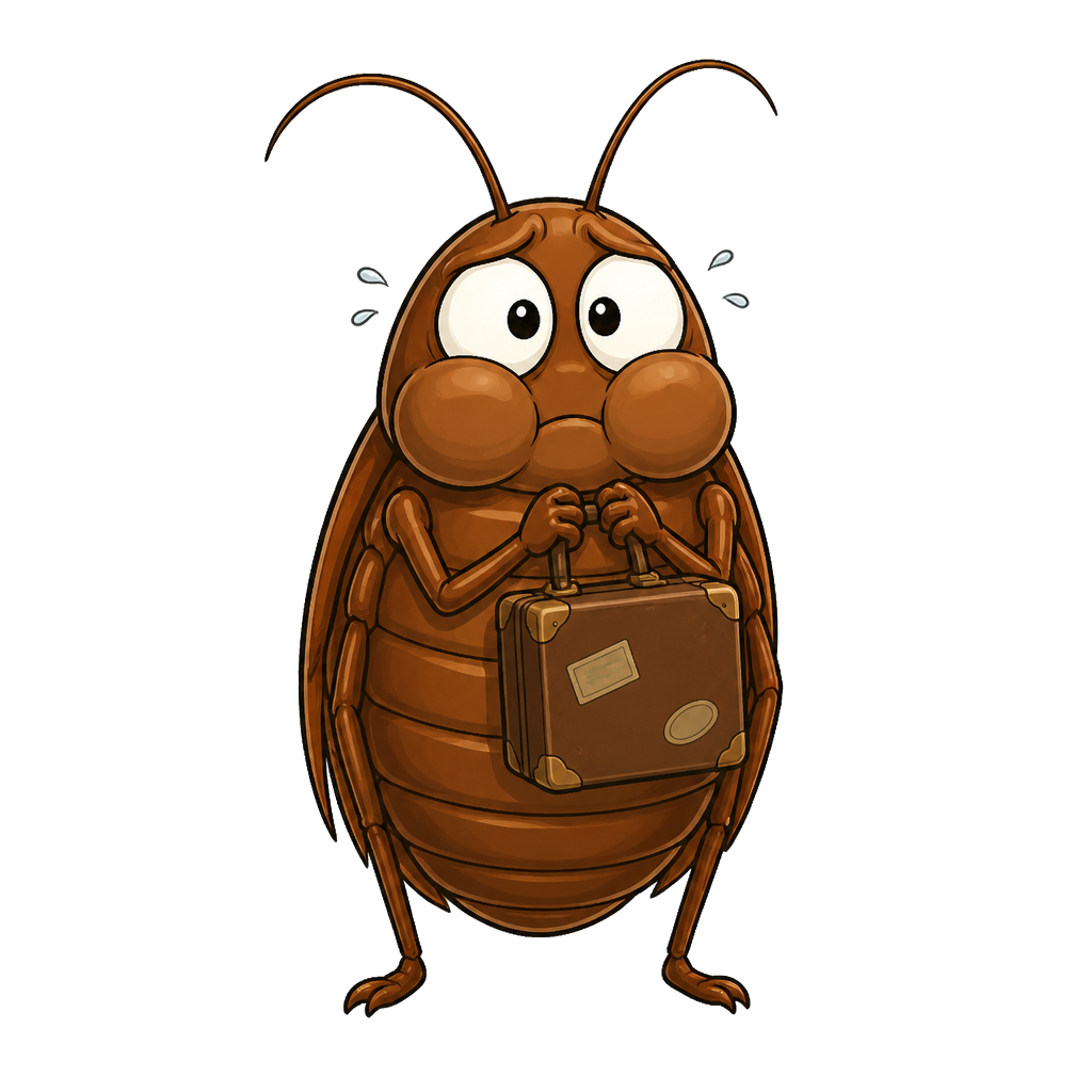Cartoon bed bug holding a suitcase, being evicted by fumigation