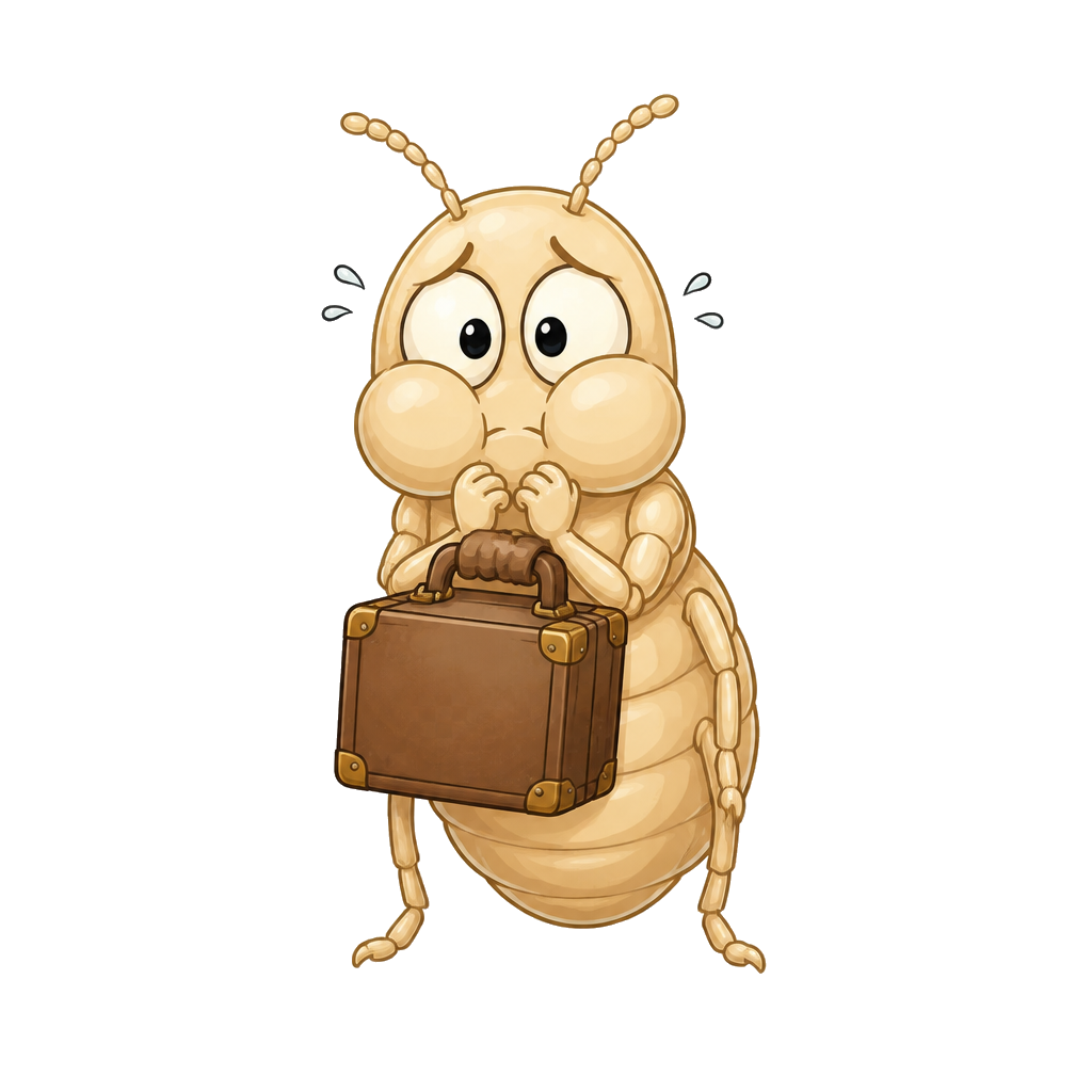 Cartoon drywood termite holding a suitcase, being evicted by fumigation