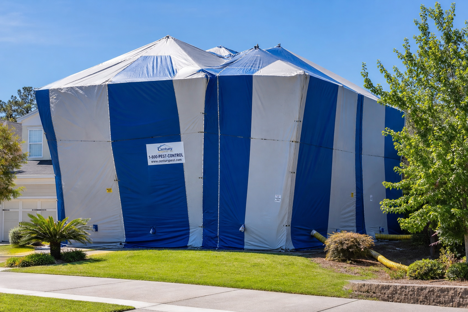 A residential home covered with a professional fumigation tent